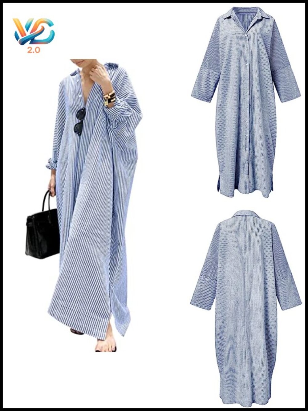 Women's Casual Long Sleeve Button Down Loose Striped Cotton Maxi Shirt Dress